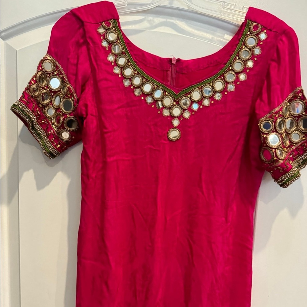 Indian Dress Magenta Full Pullover Silk Dupuoni Beaded Mirrors Pakistani Small